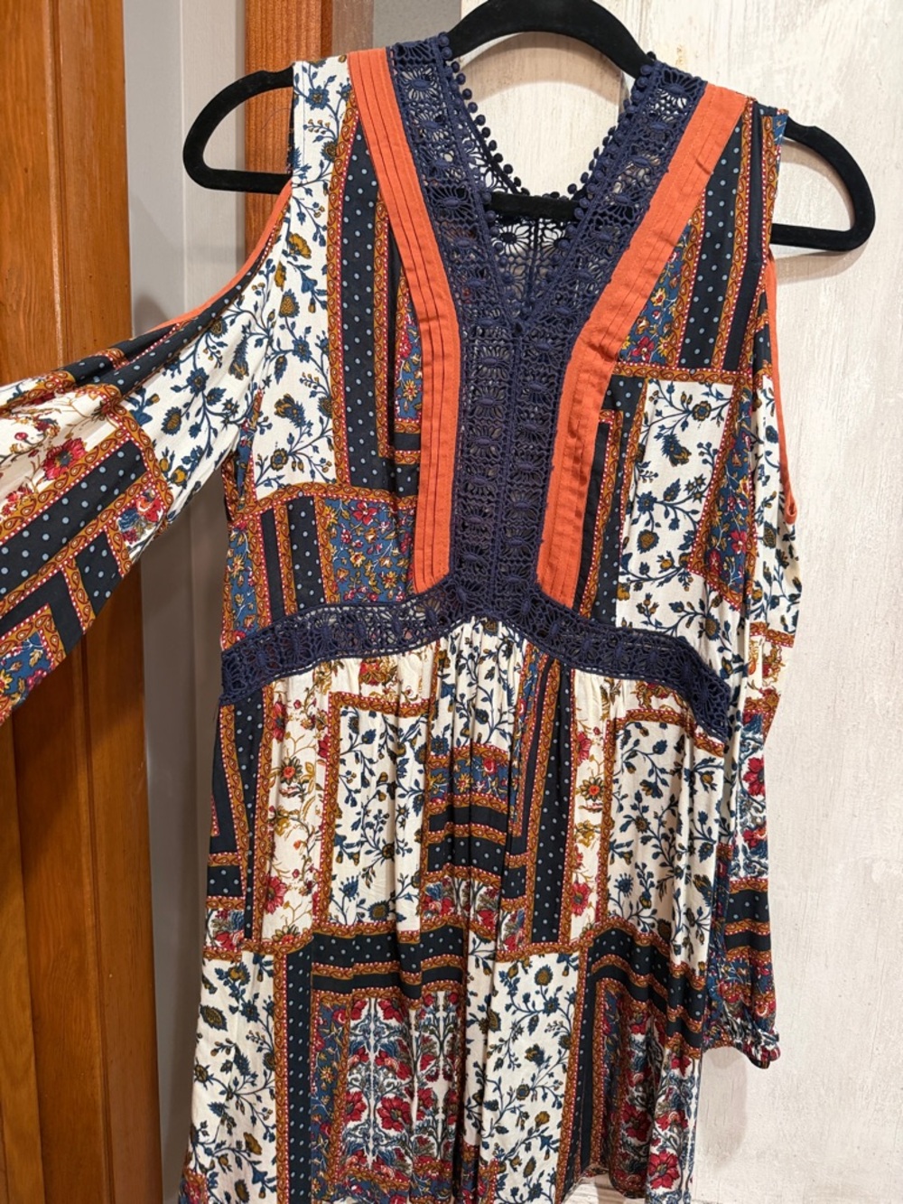 Ryu Patchwork Cold-Shoulder Dress in Navy & Rust